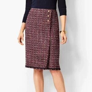 Talbots Tweed Pencil Skirt Size 12 Burgundy Navy Houndstooth Preppy Old Money